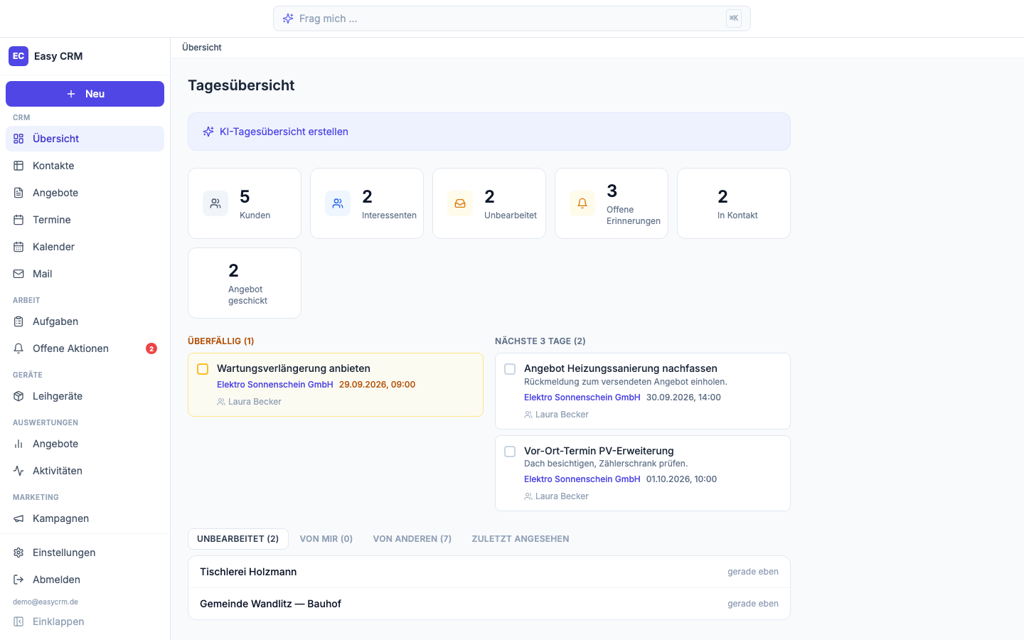 Tagesübersicht in Easy CRM mit Kennzahlen, überfälligen und anstehenden Terminen
